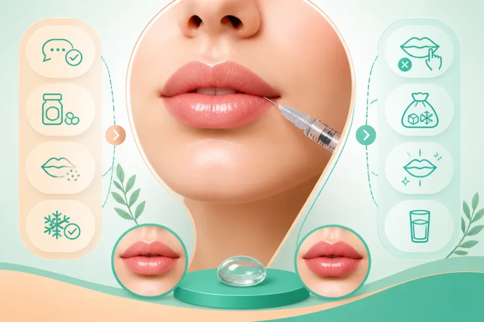 نمای توضیحی درباره مراقبتهای قبل و بعد از تزریق ژل لب